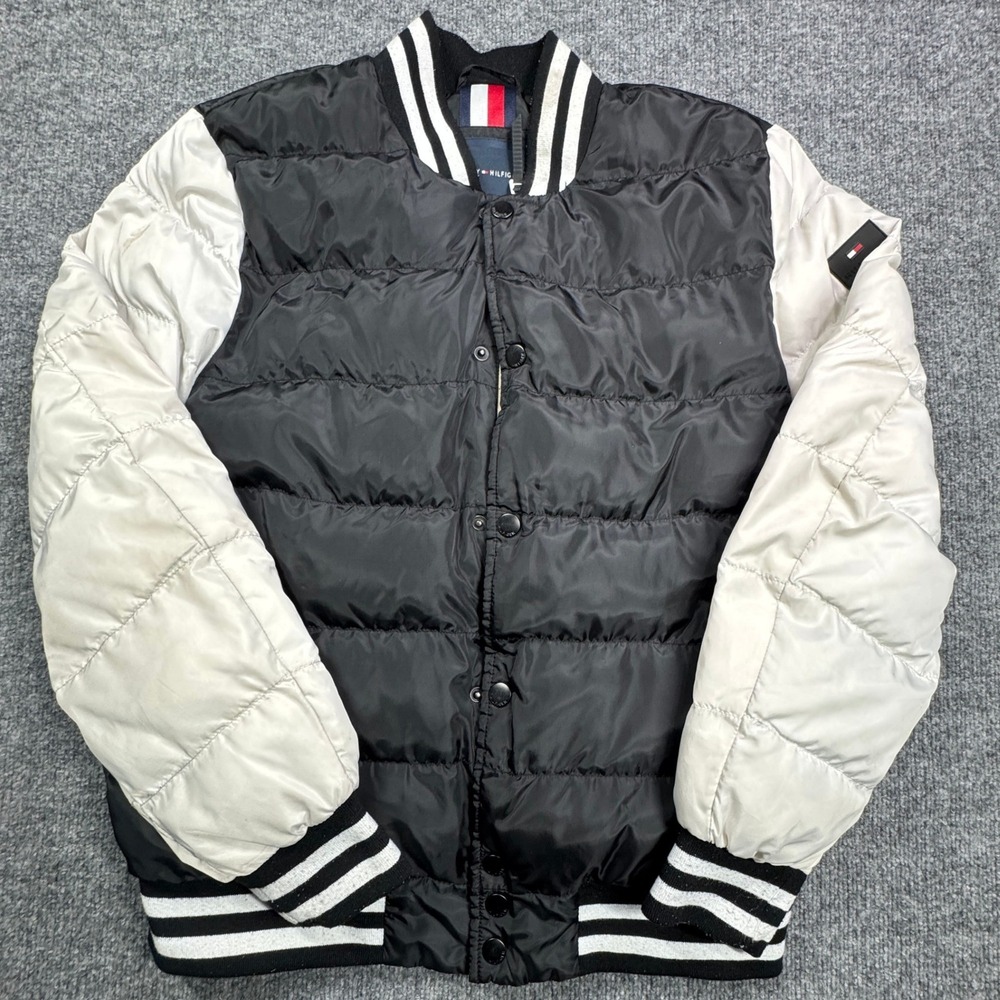 Tommy Hilfiger Puffer Bomber Jacket Mens‎ XL Black White Varsity Lightweight